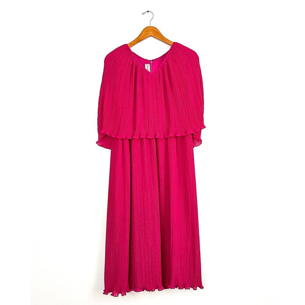 Vintage Chisholm Halle Fuchsia Pink Pleated Cape Top Holiday Dress Halle Bros.